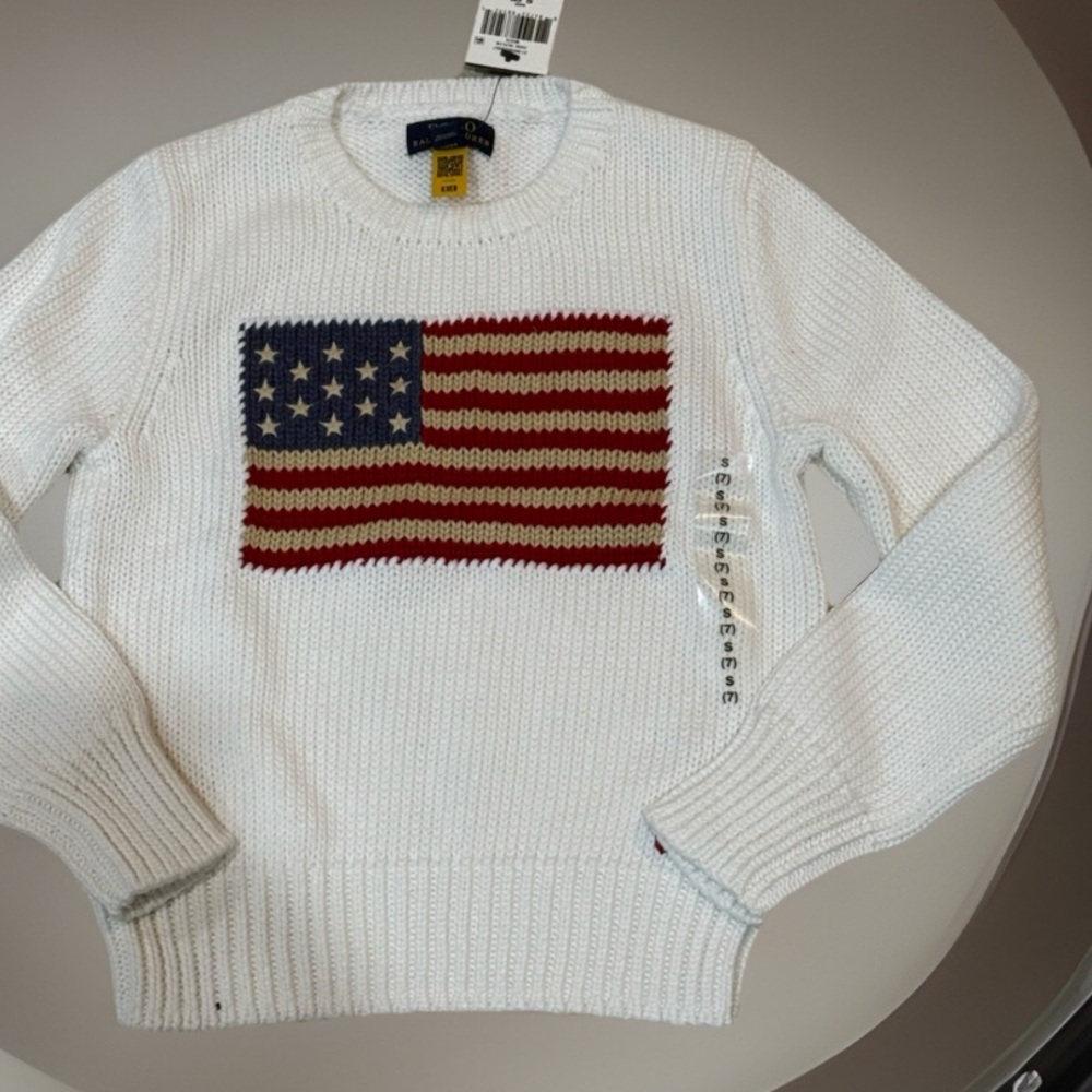 Kids Polo Ralph Lauren White Crewneck Sweater with Flag size 7 NWT